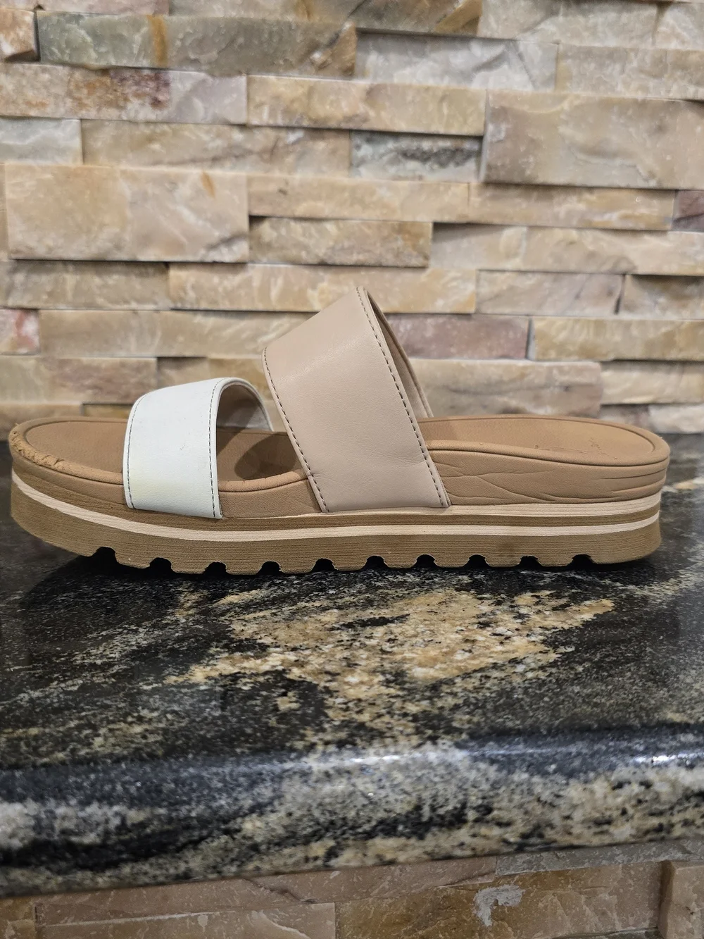 Reef Two-Band Slide Sandal in Beige and White